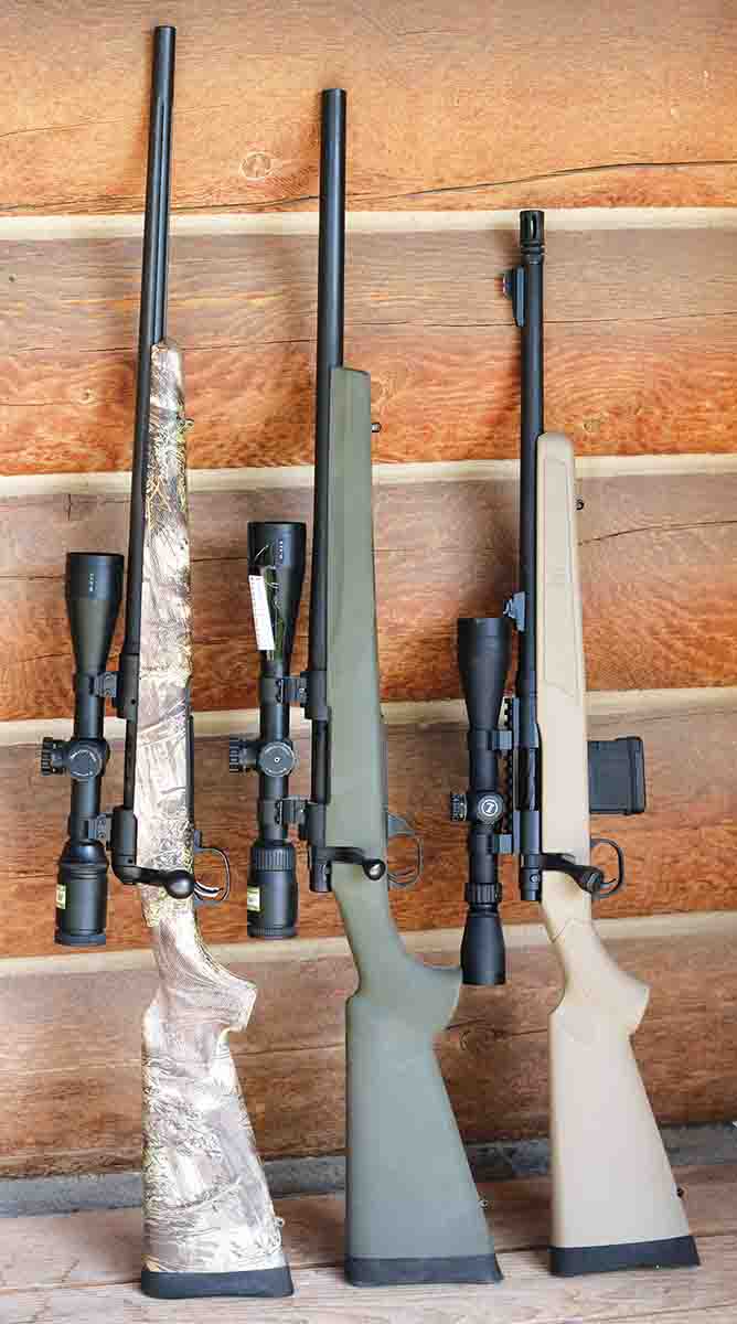 Many bolt-action rifles chambered in .223 Remington are now fitted with barrels featuring a 1:9 twist, including (left to right) the Savage Model 10 Predator Hunter Max, Howa Model 1500 and Mossberg MVP.